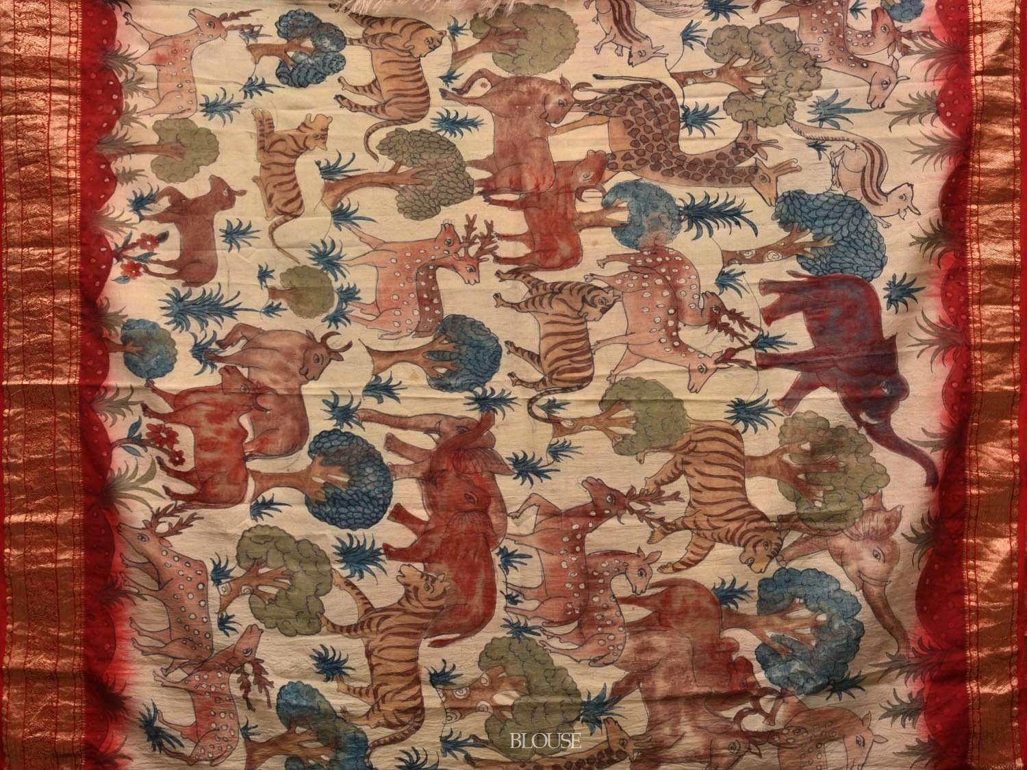 Cream and Maroon Kalamkari Hand Painted Kanchipuram Silk Handloom Saree with Panchatantra Design KL0534