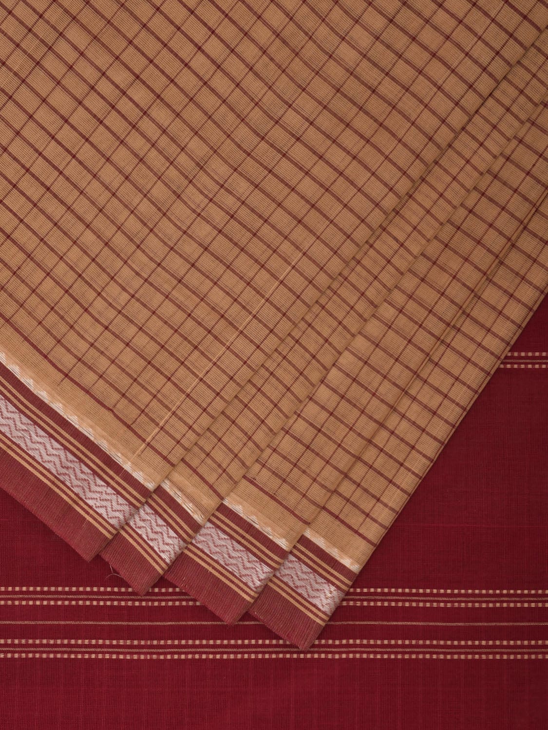 Cream and Maroon Kanchipuram Cotton Handloom Saree with Checks Design k0565
