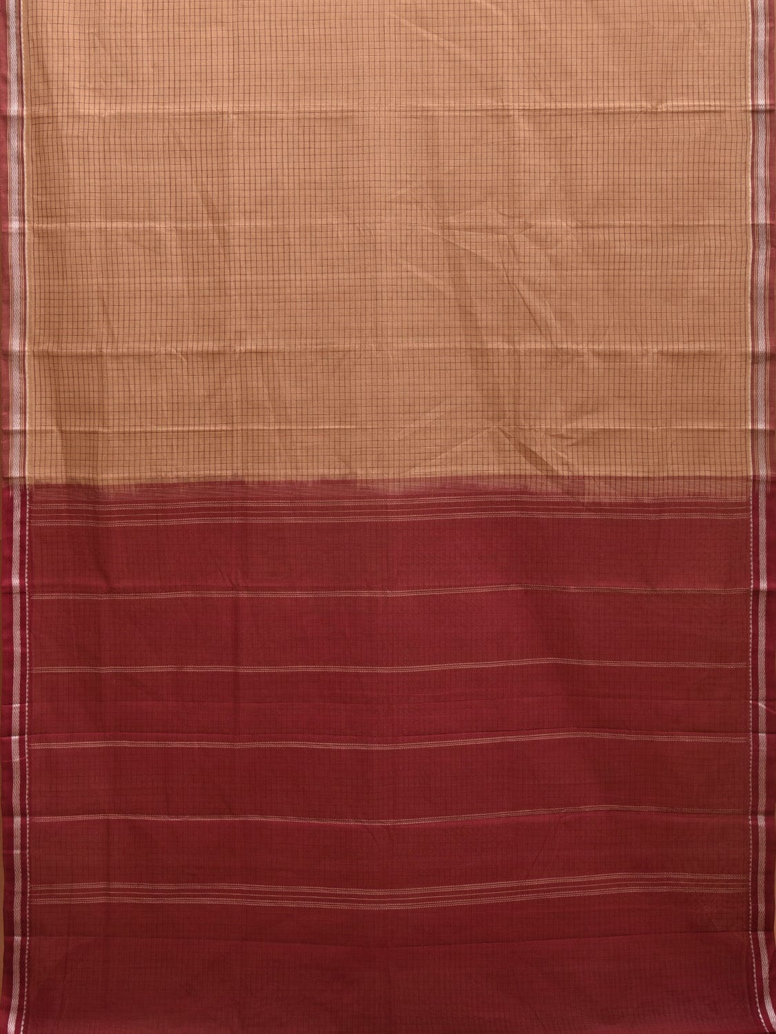 Cream and Maroon Kanchipuram Cotton Handloom Saree with Checks Design k0565