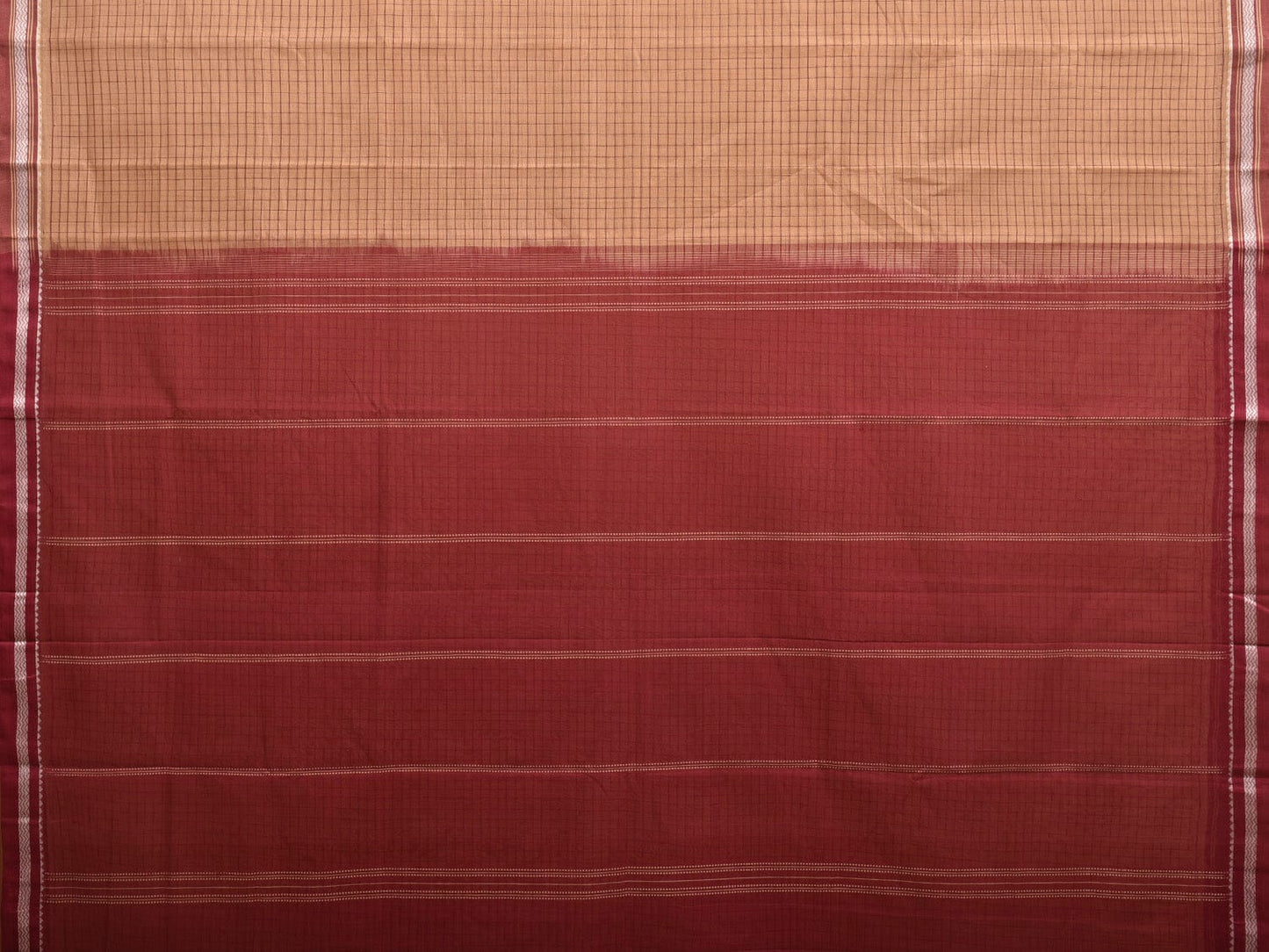 Cream and Maroon Kanchipuram Cotton Handloom Saree with Checks Design k0565