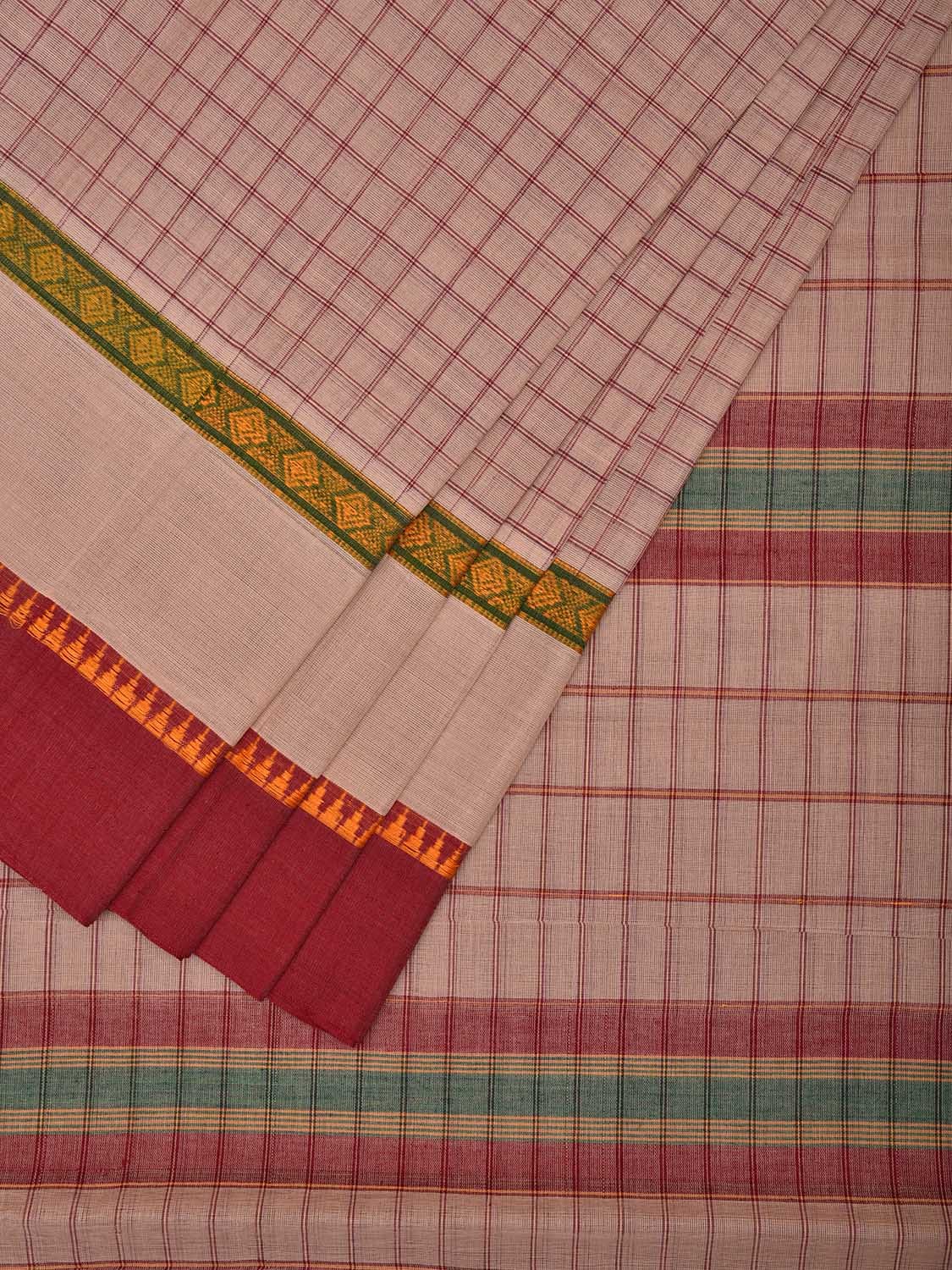 Cream and Maroon Narayanpet Cotton Handloom Saree with Checks Design and Big Border No Blouse np1021