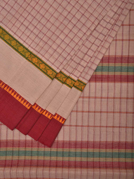 Cream and Maroon Narayanpet Cotton Handloom Saree with Checks Design and Big Border No Blouse np1021