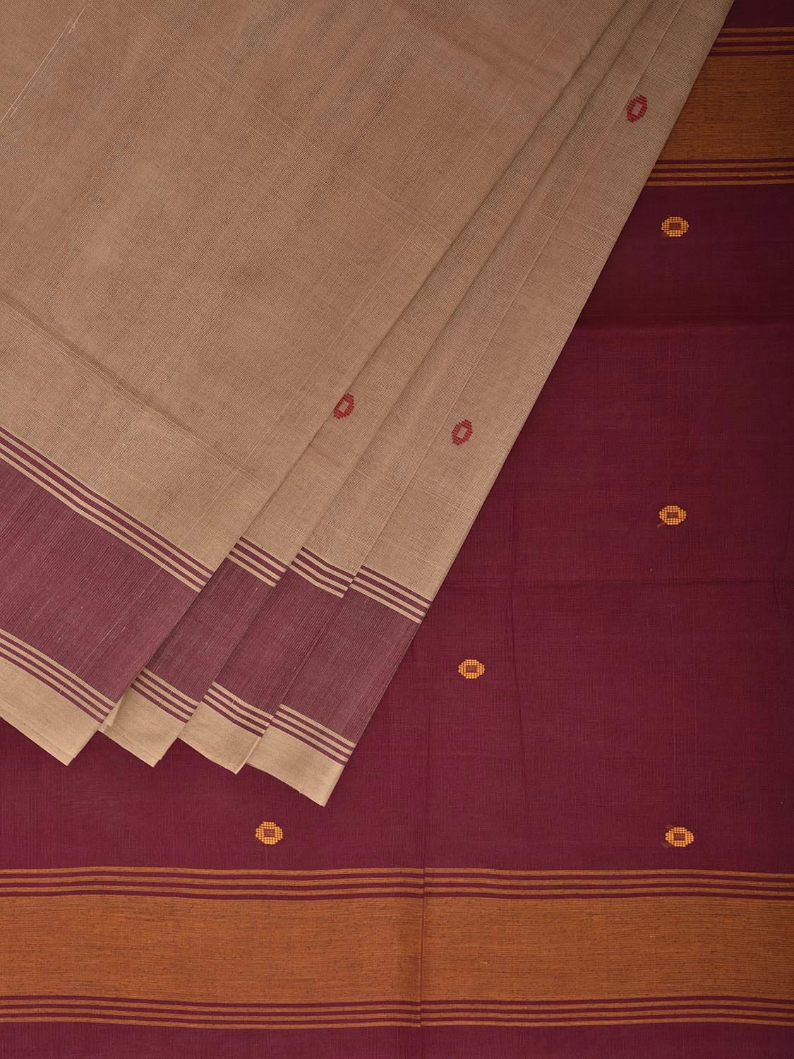 Cream and Maroon Venkatagiri Cotton Saree with Contrast Pallu Design v0133