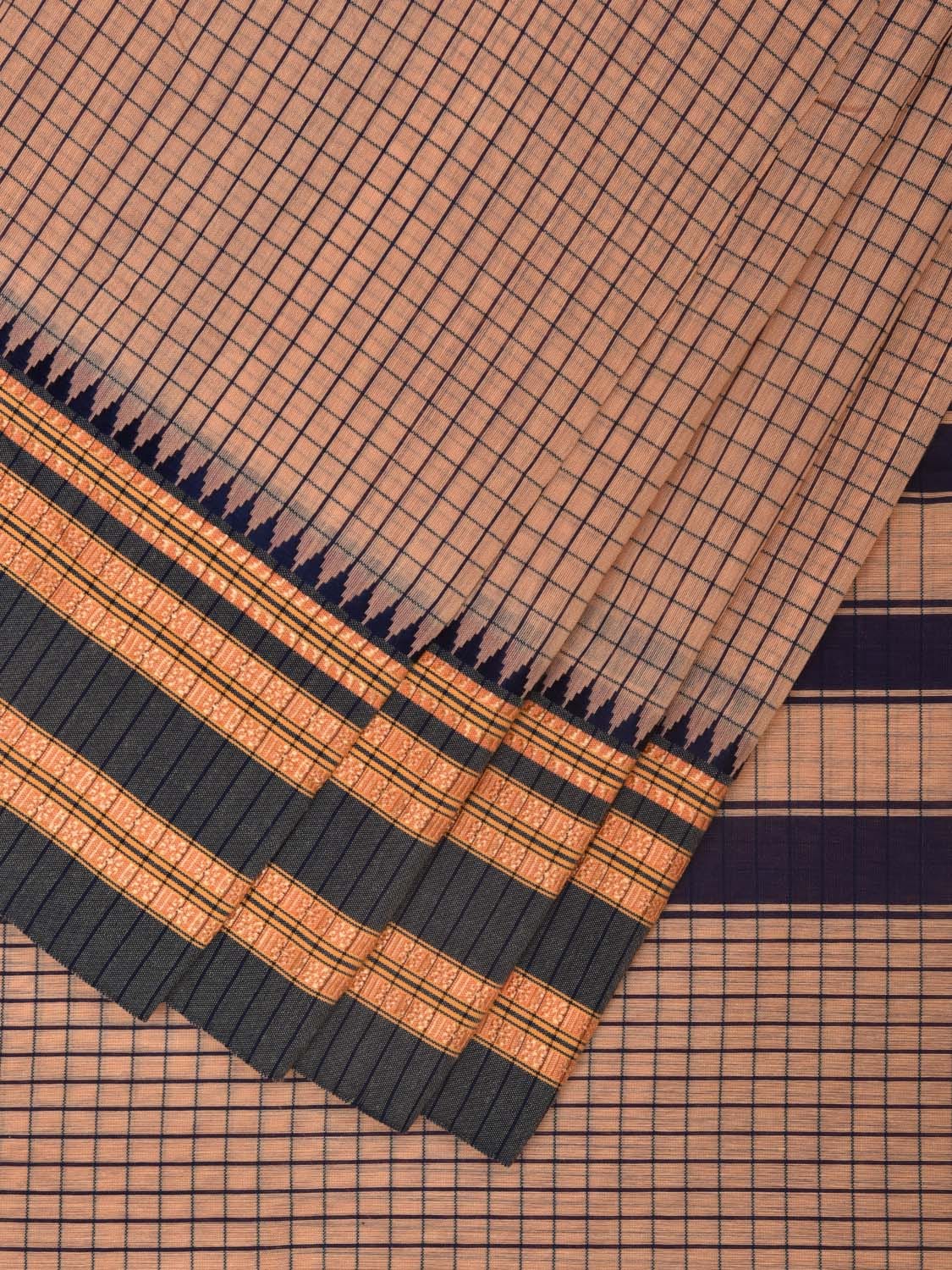 Cream and Navy Bamboo Cotton Saree with Checks Design No Blouse bc0332