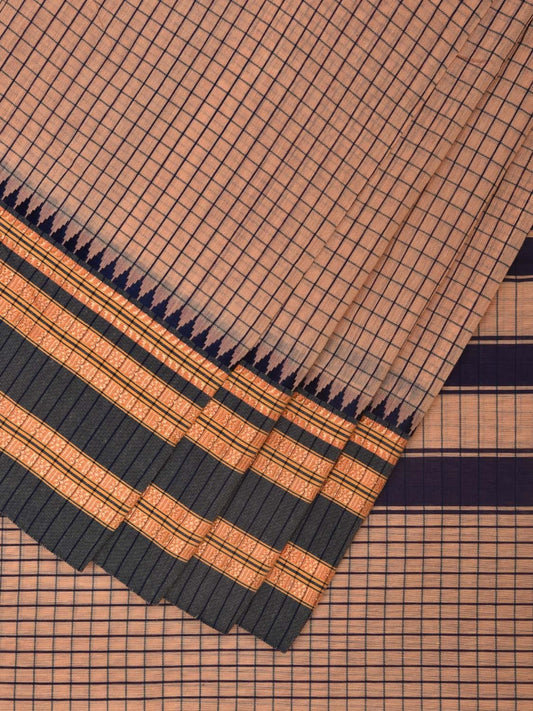 Cream and Navy Bamboo Cotton Saree with Checks Design No Blouse bc0332