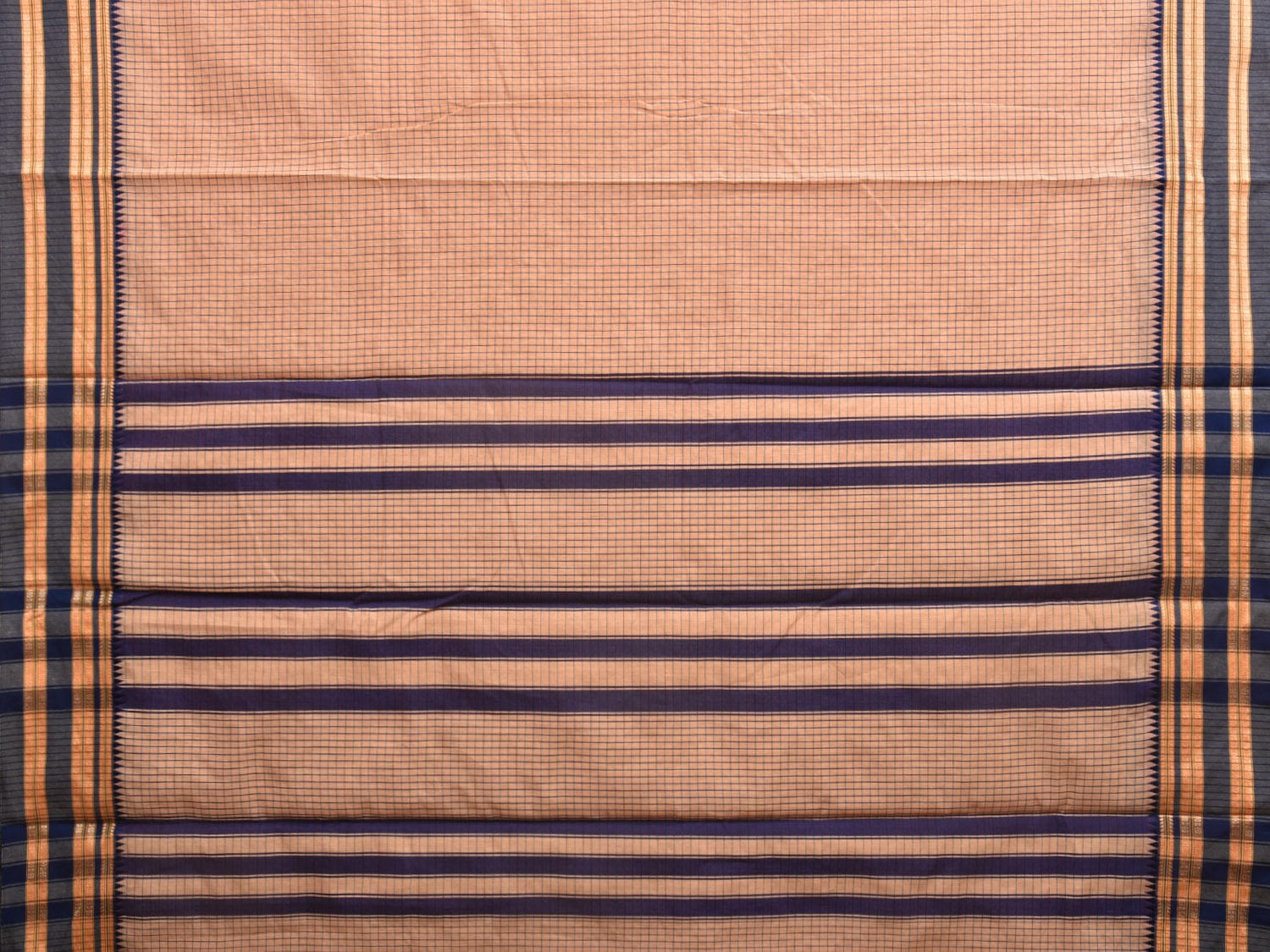 Cream and Navy Bamboo Cotton Saree with Checks Design No Blouse bc0332