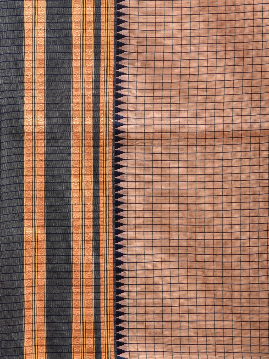 Cream and Navy Bamboo Cotton Saree with Checks Design No Blouse bc0332