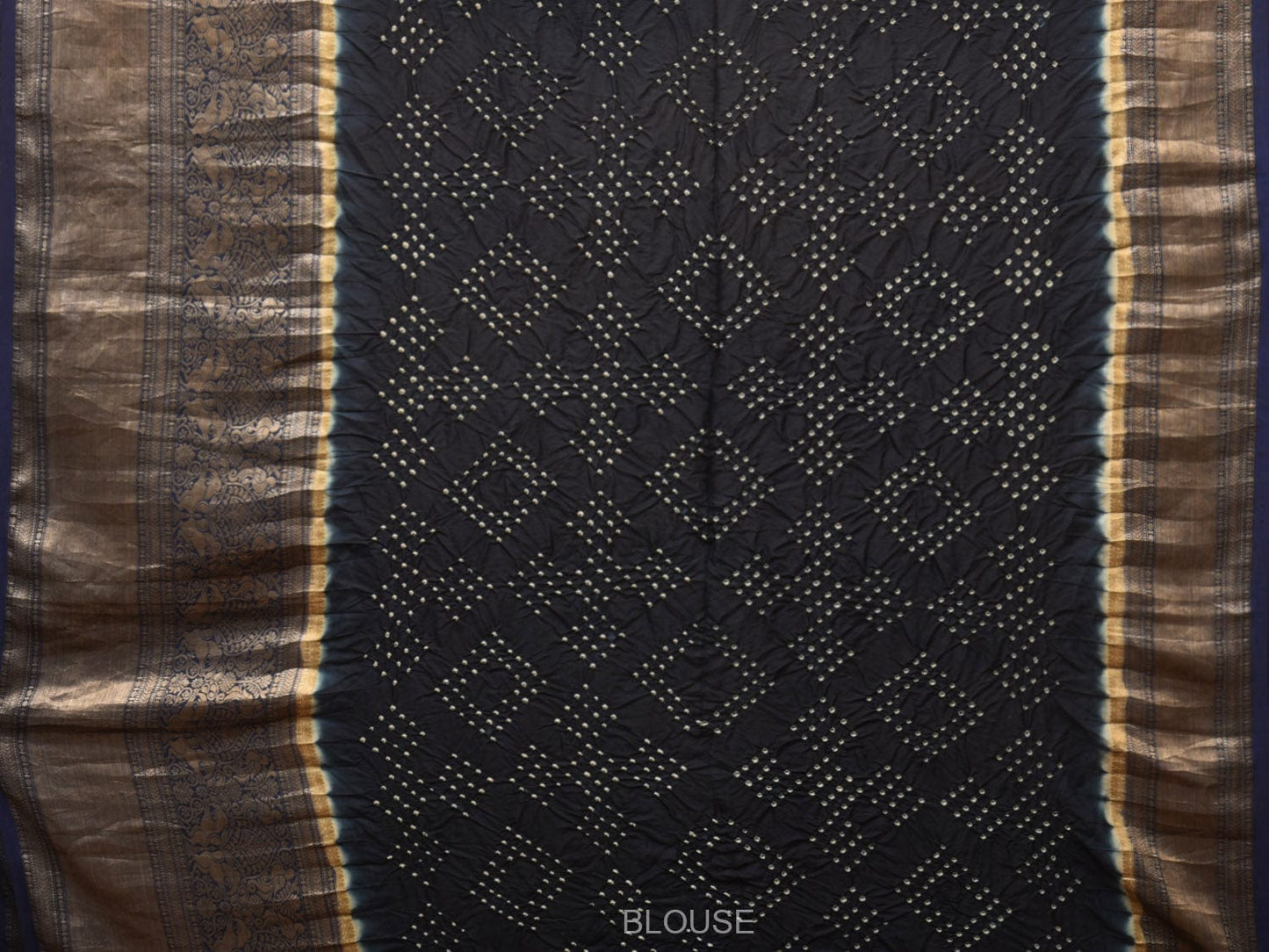 Cream and Navy Bandhani Kanchipuram Silk Handloom Saree with Kalamkari Cows Design bn0489