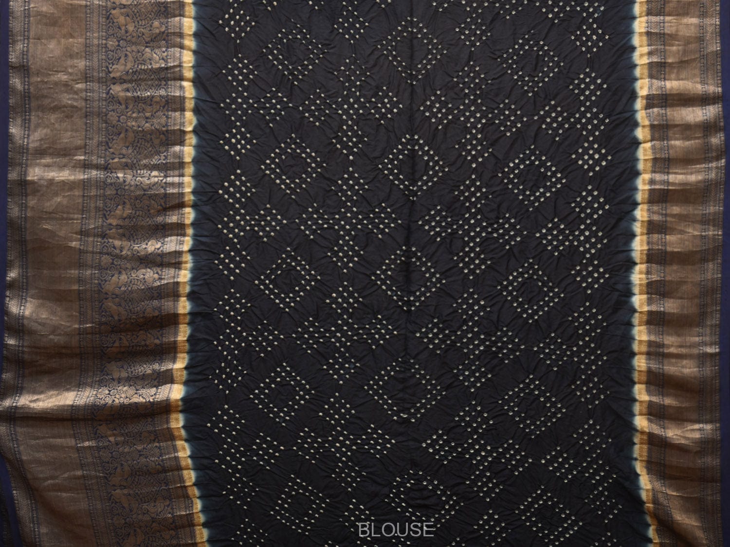 Cream and Navy Bandhani Kanchipuram Silk Handloom Saree with Kalamkari Cows Design bn0489