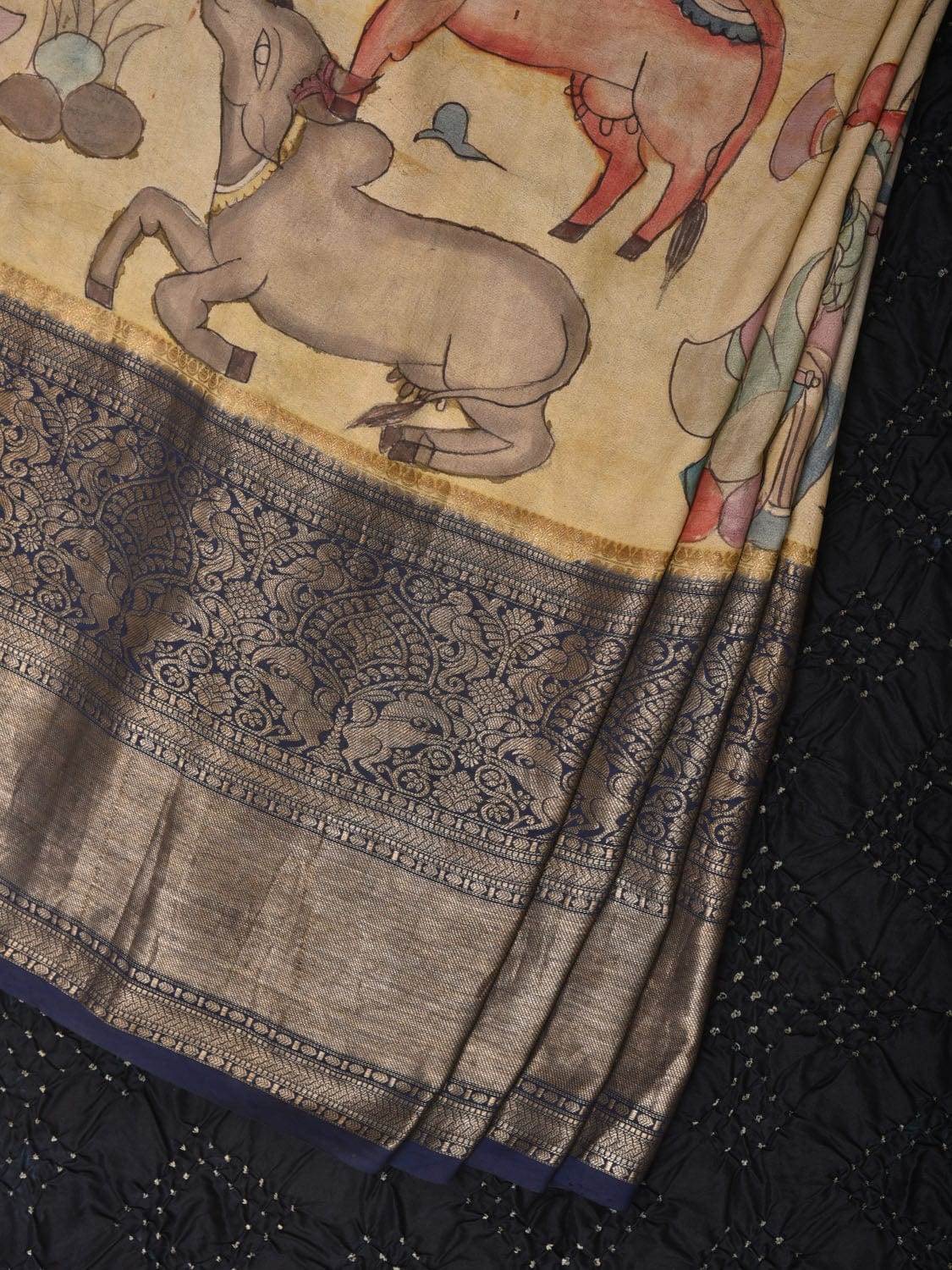 Cream and Navy Bandhani Kanchipuram Silk Handloom Saree with Kalamkari Cows Design bn0489