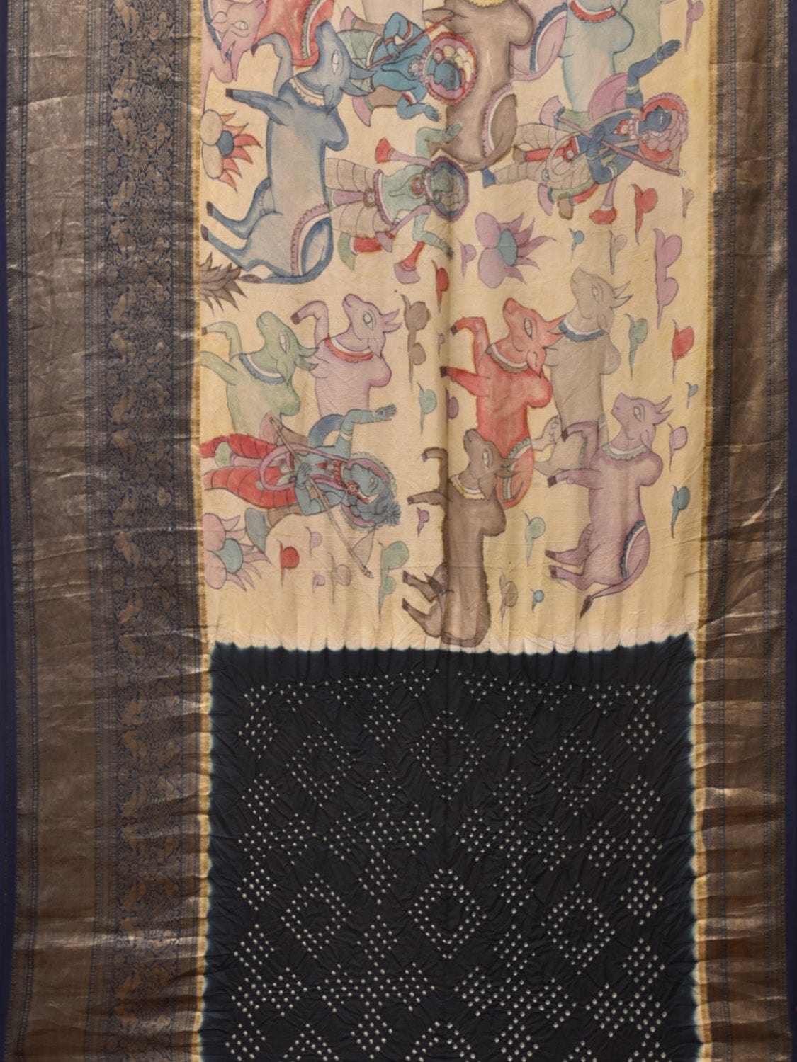 Cream and Navy Bandhani Kanchipuram Silk Handloom Saree with Kalamkari Cows Design bn0489