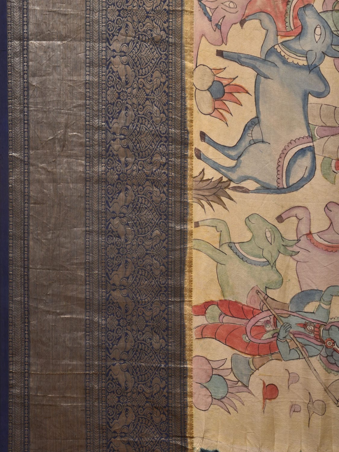 Cream and Navy Bandhani Kanchipuram Silk Handloom Saree with Kalamkari Cows Design bn0489