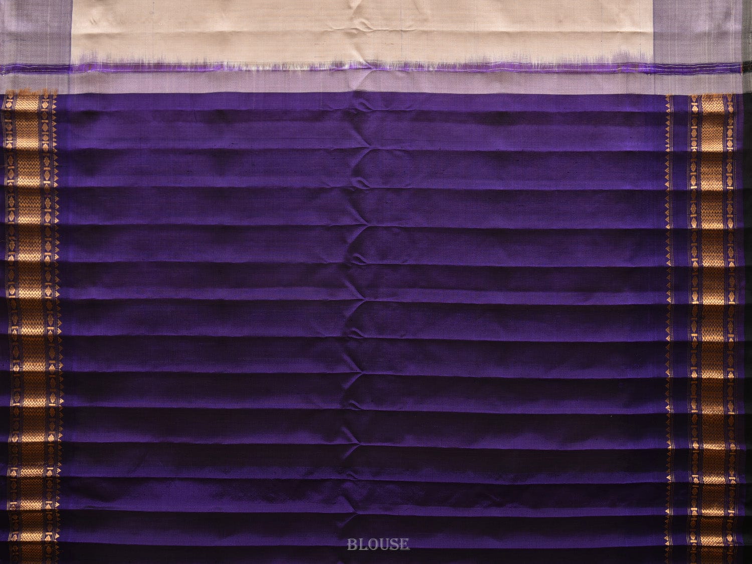 Cream and Navy Gadwal Silk Handloom Saree with Mango Pallu and Temple Border Design g0315