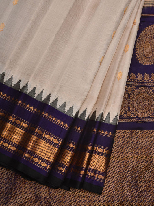 Cream and Navy Gadwal Silk Handloom Saree with Mango Pallu and Temple Border Design g0315