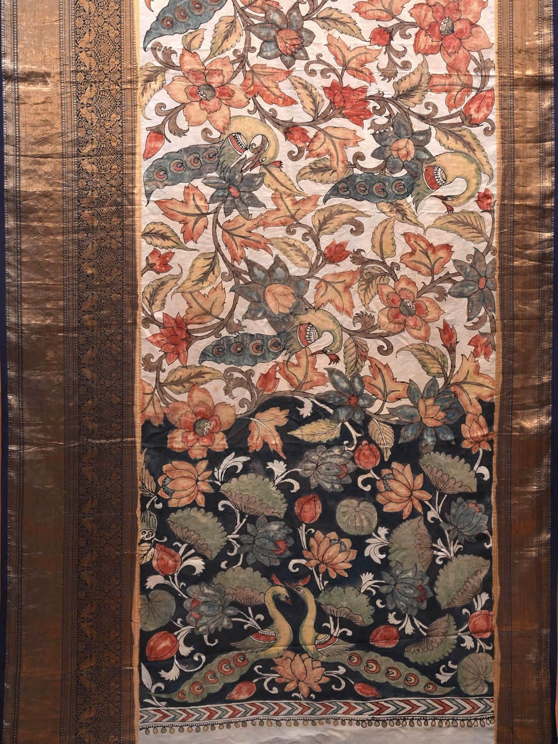 Cream and Navy Kalamkari Hand Painted Kanchipuram Silk Handloom Saree with Peacocks and Floral Design KL0702