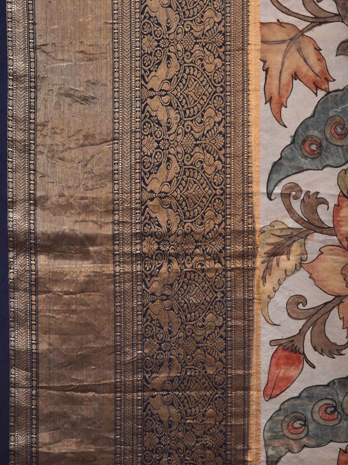 Cream and Navy Kalamkari Hand Painted Kanchipuram Silk Handloom Saree with Peacocks and Floral Design KL0702