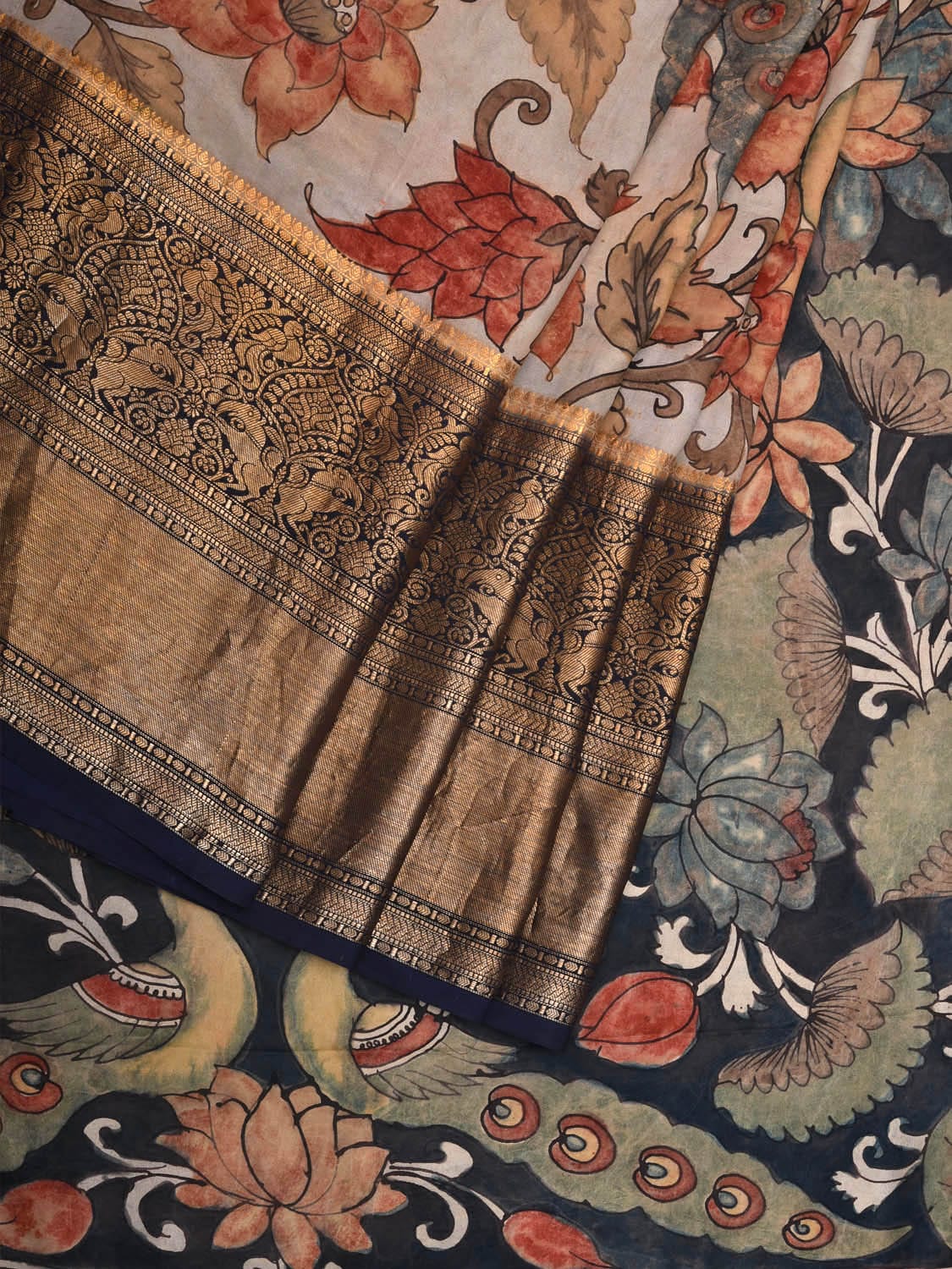 Cream and Navy Kalamkari Hand Painted Kanchipuram Silk Handloom Saree with Peacocks and Floral Design KL0702