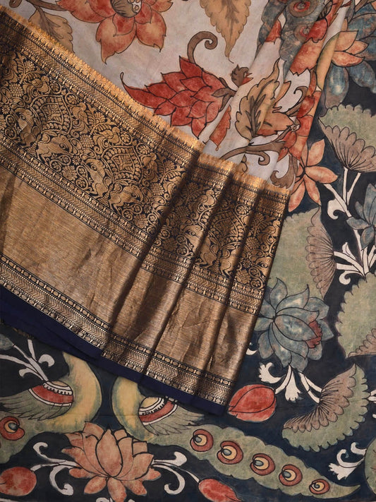 Cream and Navy Kalamkari Hand Painted Kanchipuram Silk Handloom Saree with Peacocks and Floral Design KL0702