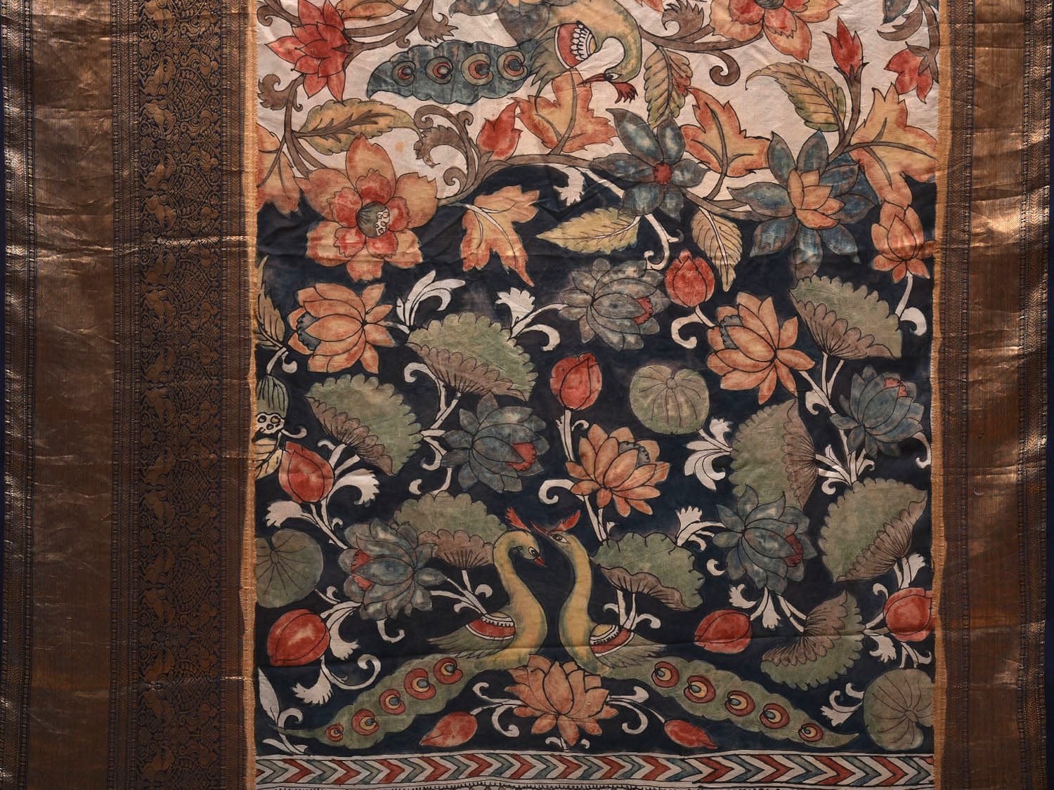 Cream and Navy Kalamkari Hand Painted Kanchipuram Silk Handloom Saree with Peacocks and Floral Design KL0702