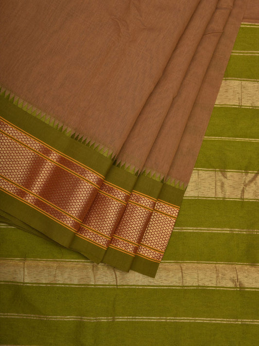 Cream and Olive Bamboo Cotton Plain Saree with Border Design bc0063