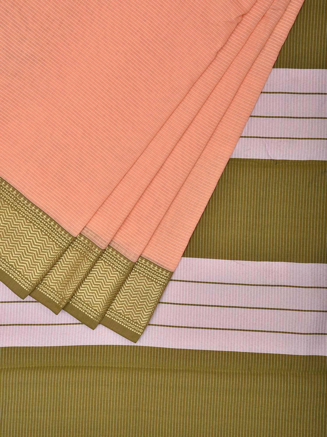 Cream and Olive Bamboo Cotton Saree with Strips and Contrast Pallu Design No Blouse bc0572