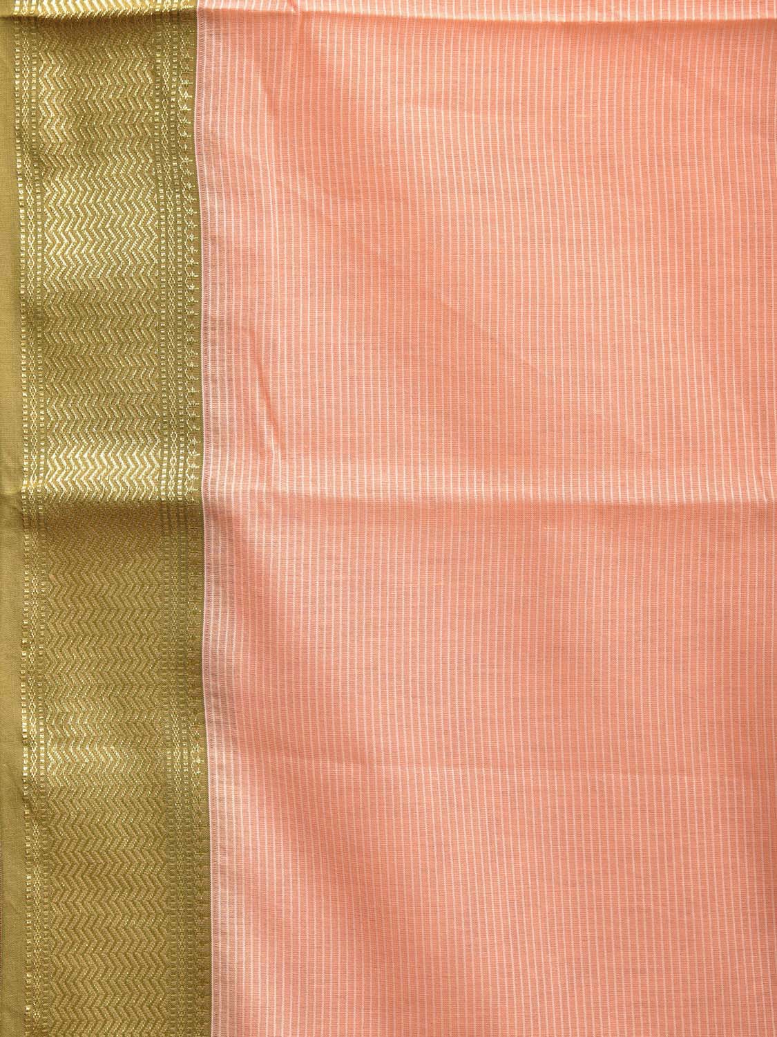 Cream and Olive Bamboo Cotton Saree with Strips and Contrast Pallu Design No Blouse bc0572