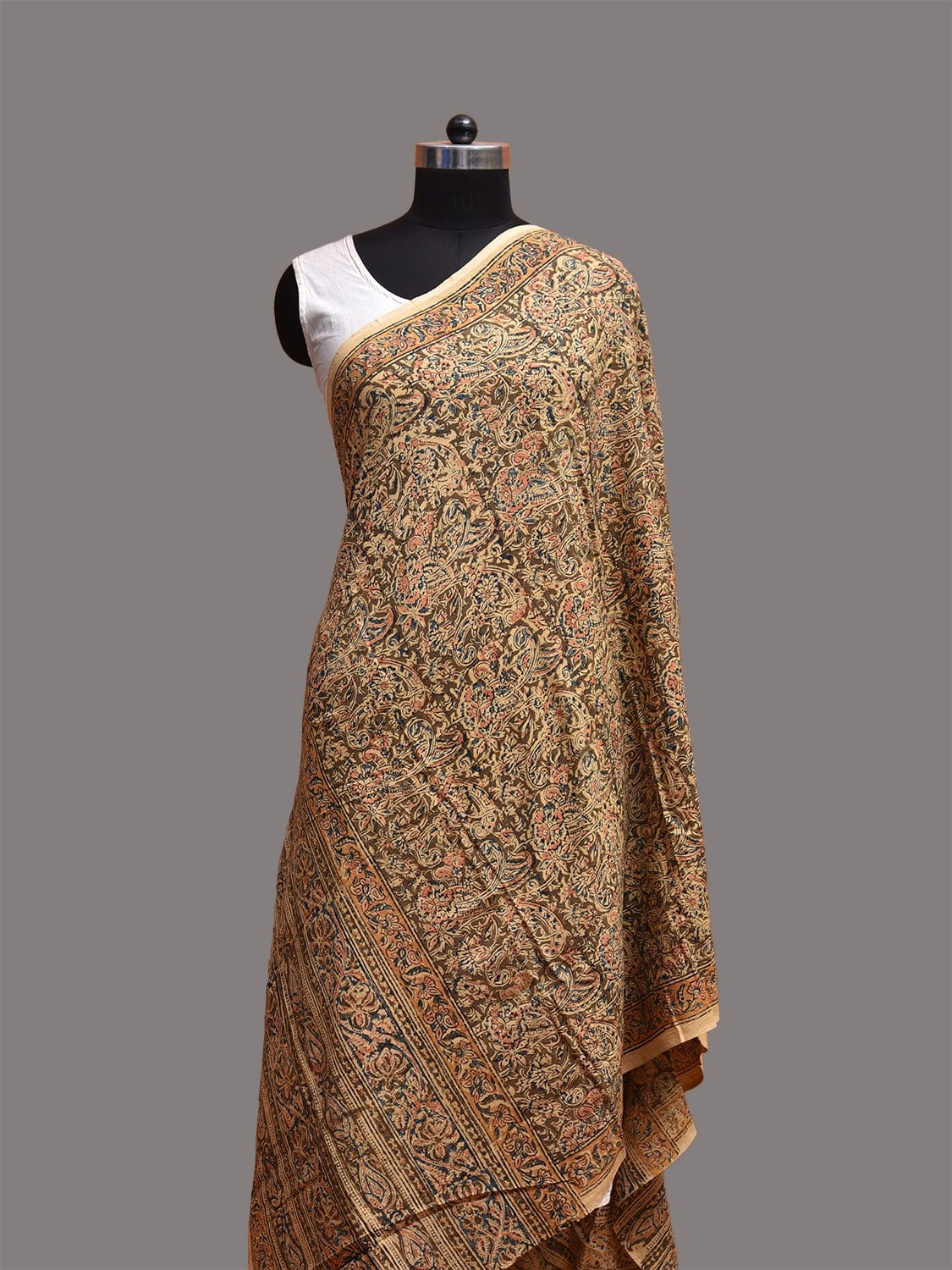 Cream and Olive Kalamkari Block Print Cotton Dupatta with Floral Design ds3762