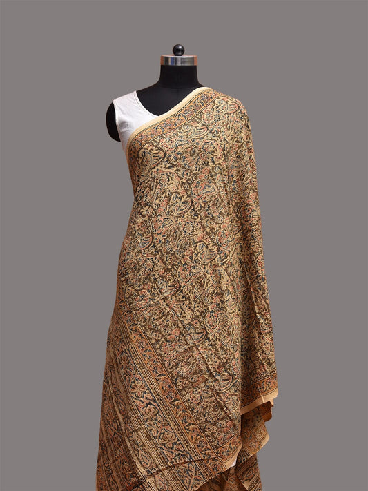Cream and Olive Kalamkari Block Print Cotton Dupatta with Floral Design ds3762