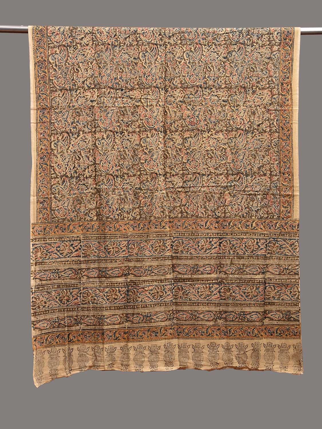 Cream and Olive Kalamkari Block Print Cotton Dupatta with Floral Design ds3762