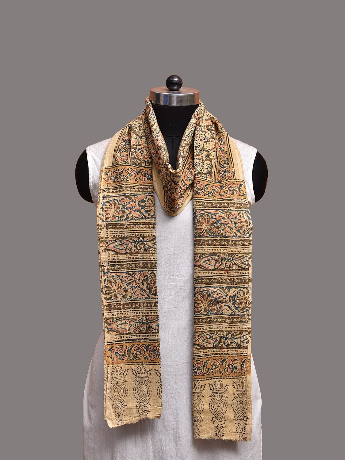 Cream and Olive Kalamkari Block Print Cotton Dupatta with Floral Design ds3762