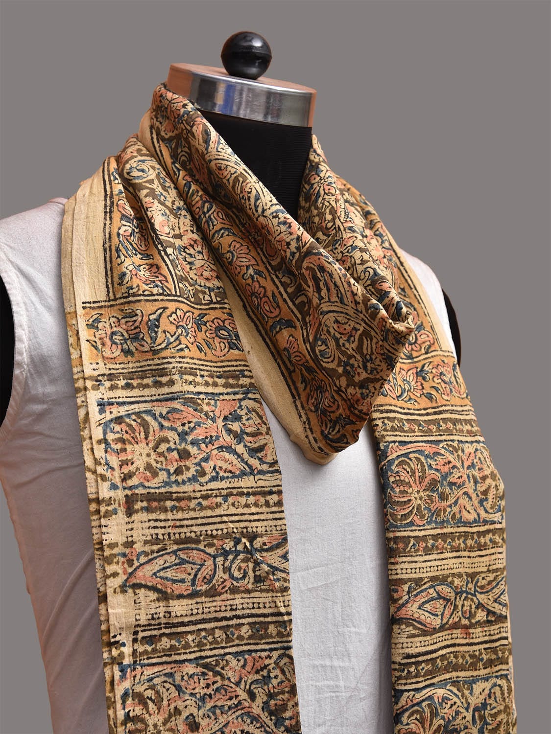 Cream and Olive Kalamkari Block Print Cotton Dupatta with Floral Design ds3762