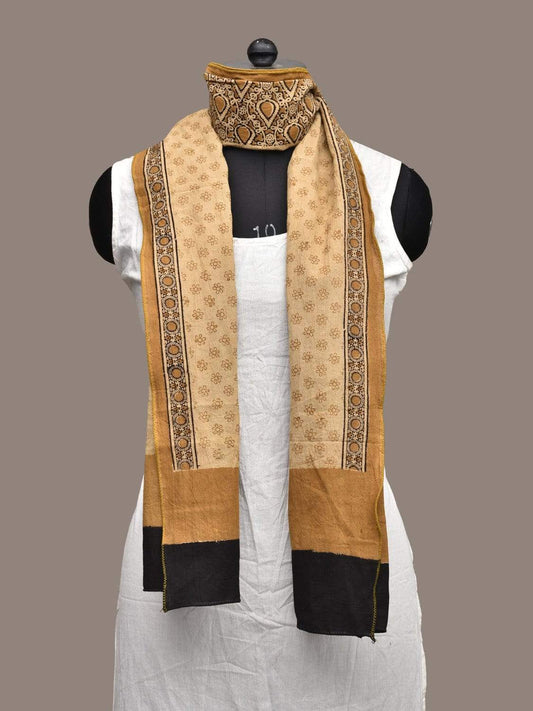 Cream and Olive Kalamkari Block Printed Cotton Handloom Stole ds2244