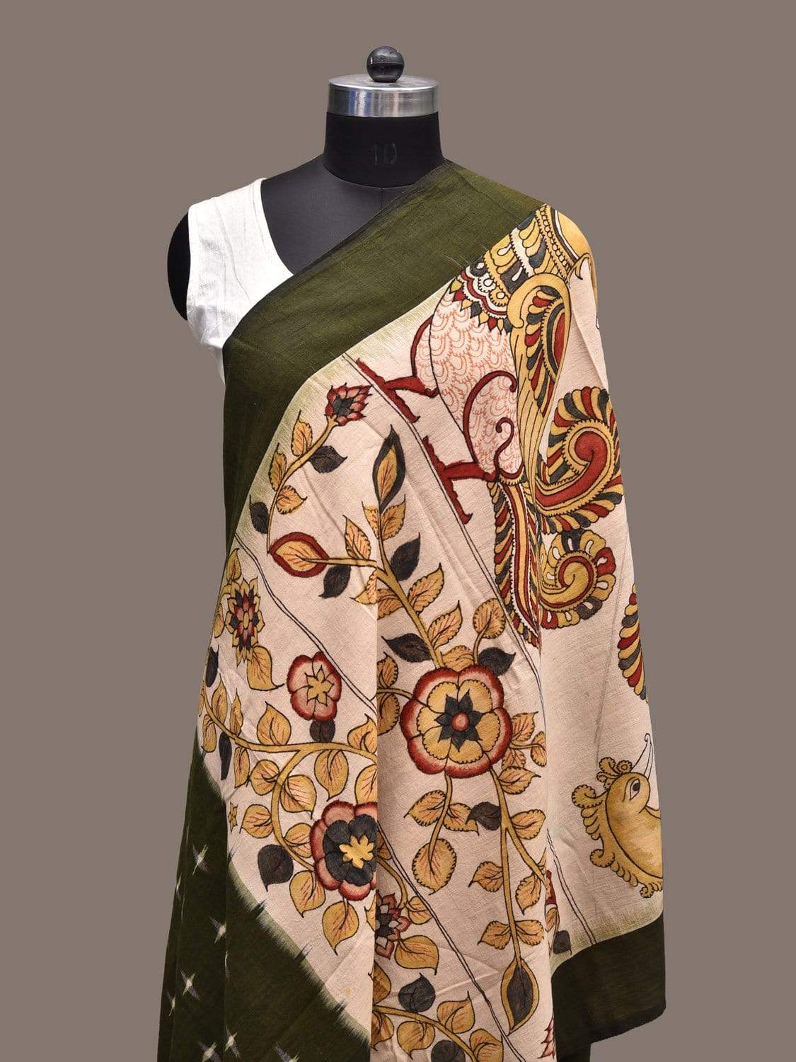 Cream and Olive Kalamkari Hand Painted Ikat Cotton Handloom Dupatta with Floral and Peacock Design ds2283