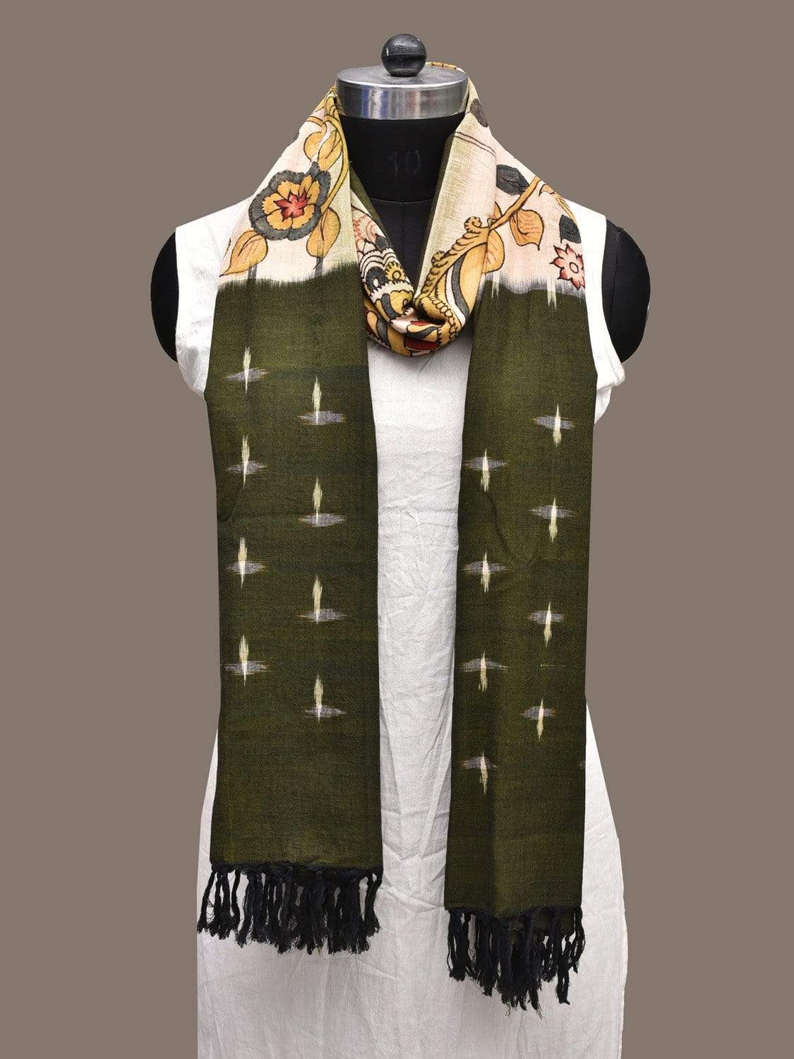 Cream and Olive Kalamkari Hand Painted Ikat Cotton Handloom Dupatta with Floral and Peacock Design ds2283
