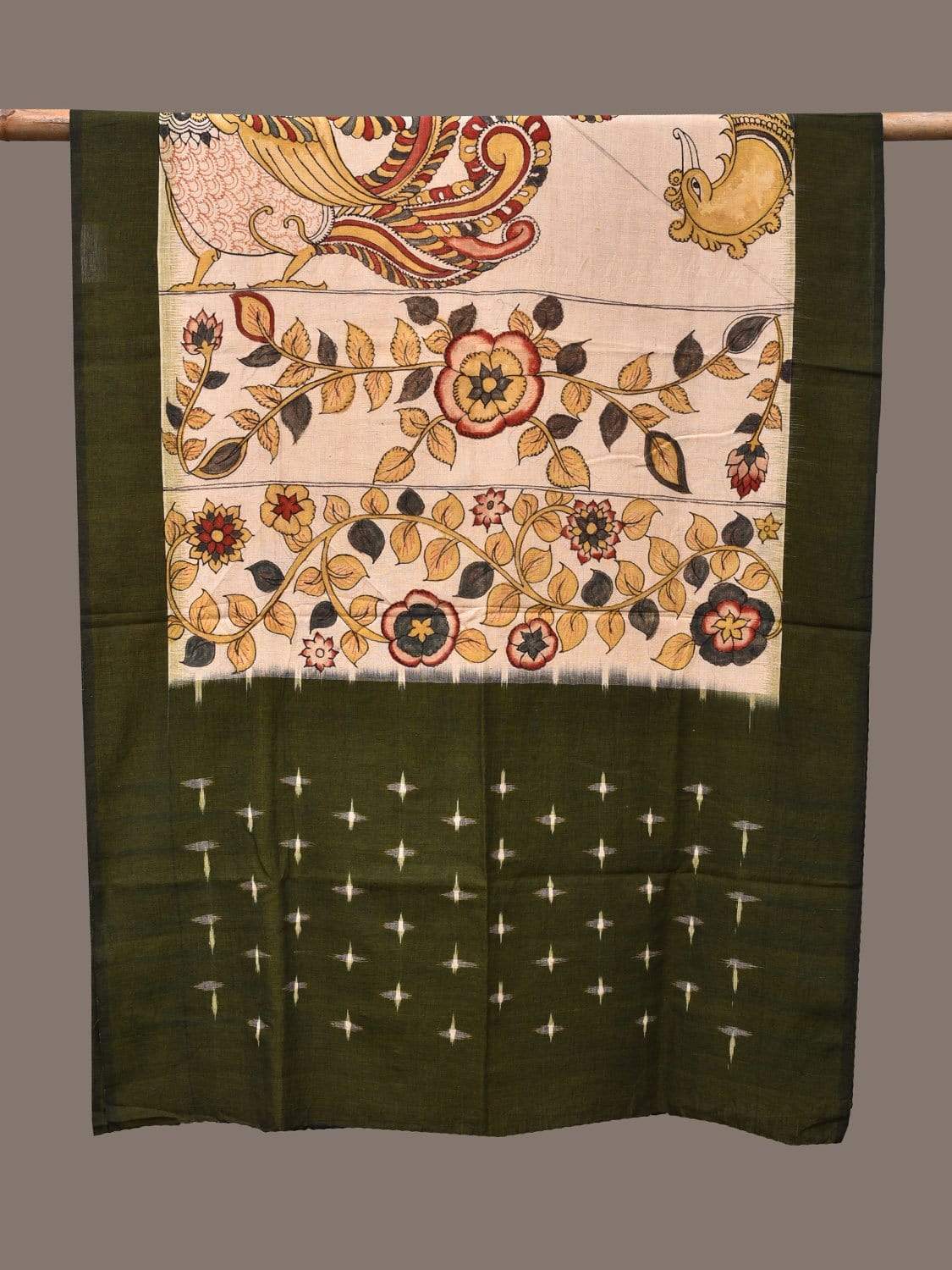 Cream and Olive Kalamkari Hand Painted Ikat Cotton Handloom Dupatta with Floral and Peacock Design ds2283