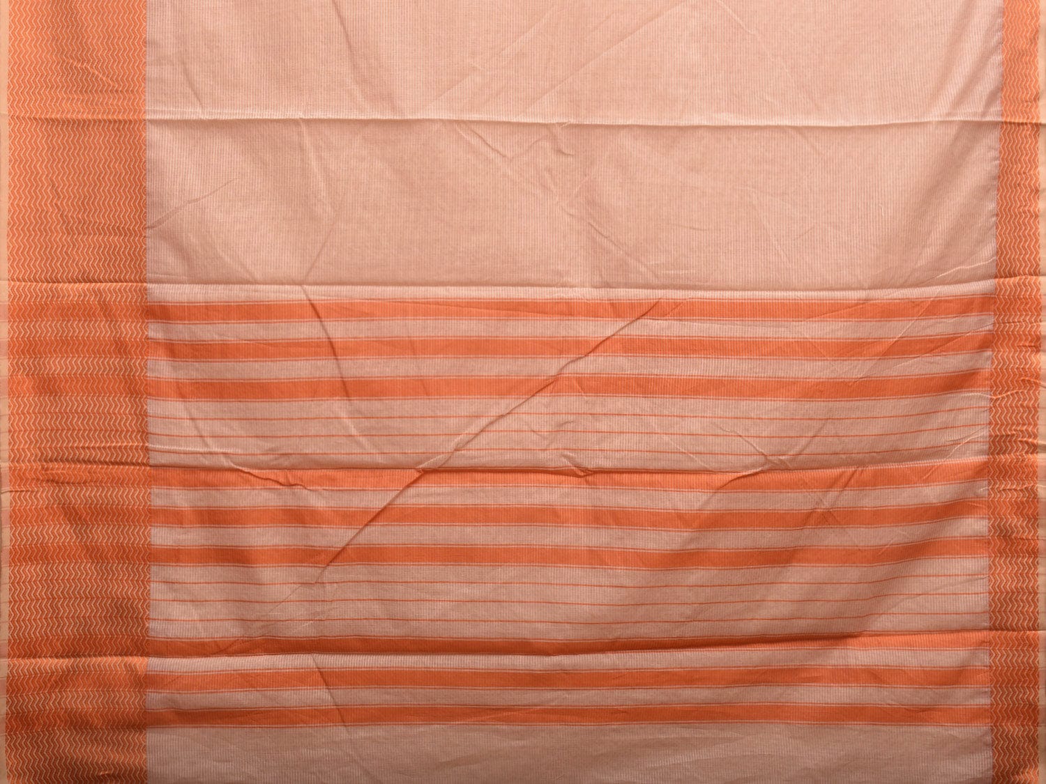 Cream and Orange Bamboo Cotton Saree with Strips and Zig-Zag Border Design No Blouse bc0326
