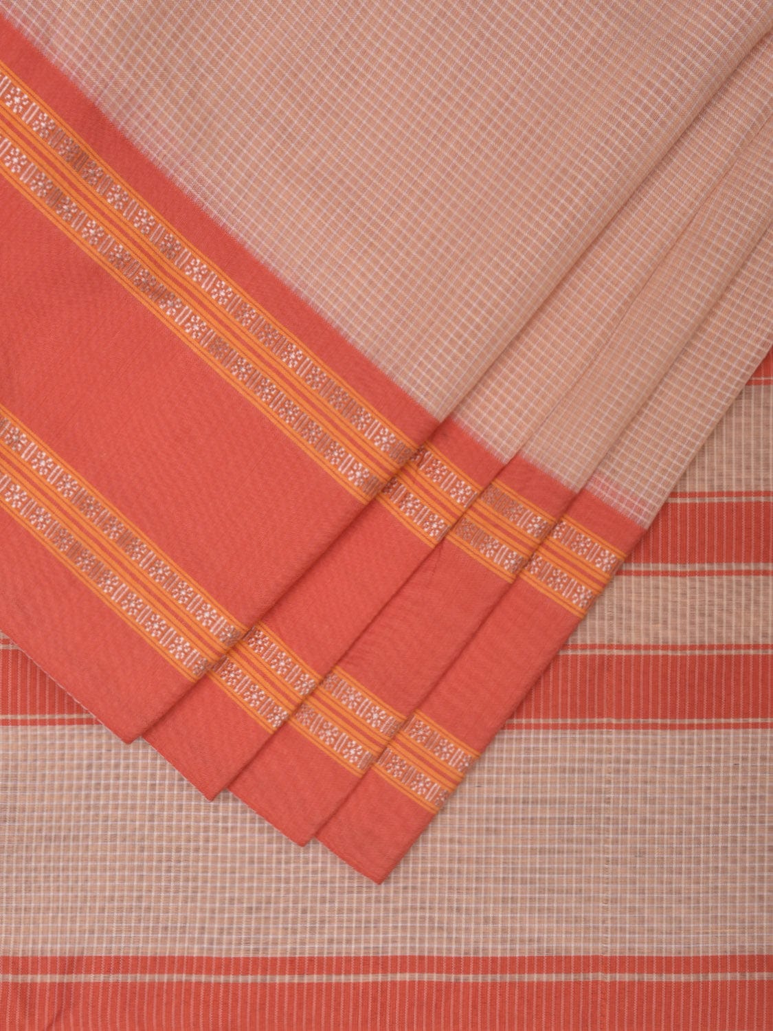 Cream and Peach Bamboo Cotton Saree with Small Checks Design No Blouse bc0336