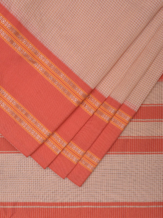 Cream and Peach Bamboo Cotton Saree with Small Checks Design No Blouse bc0336