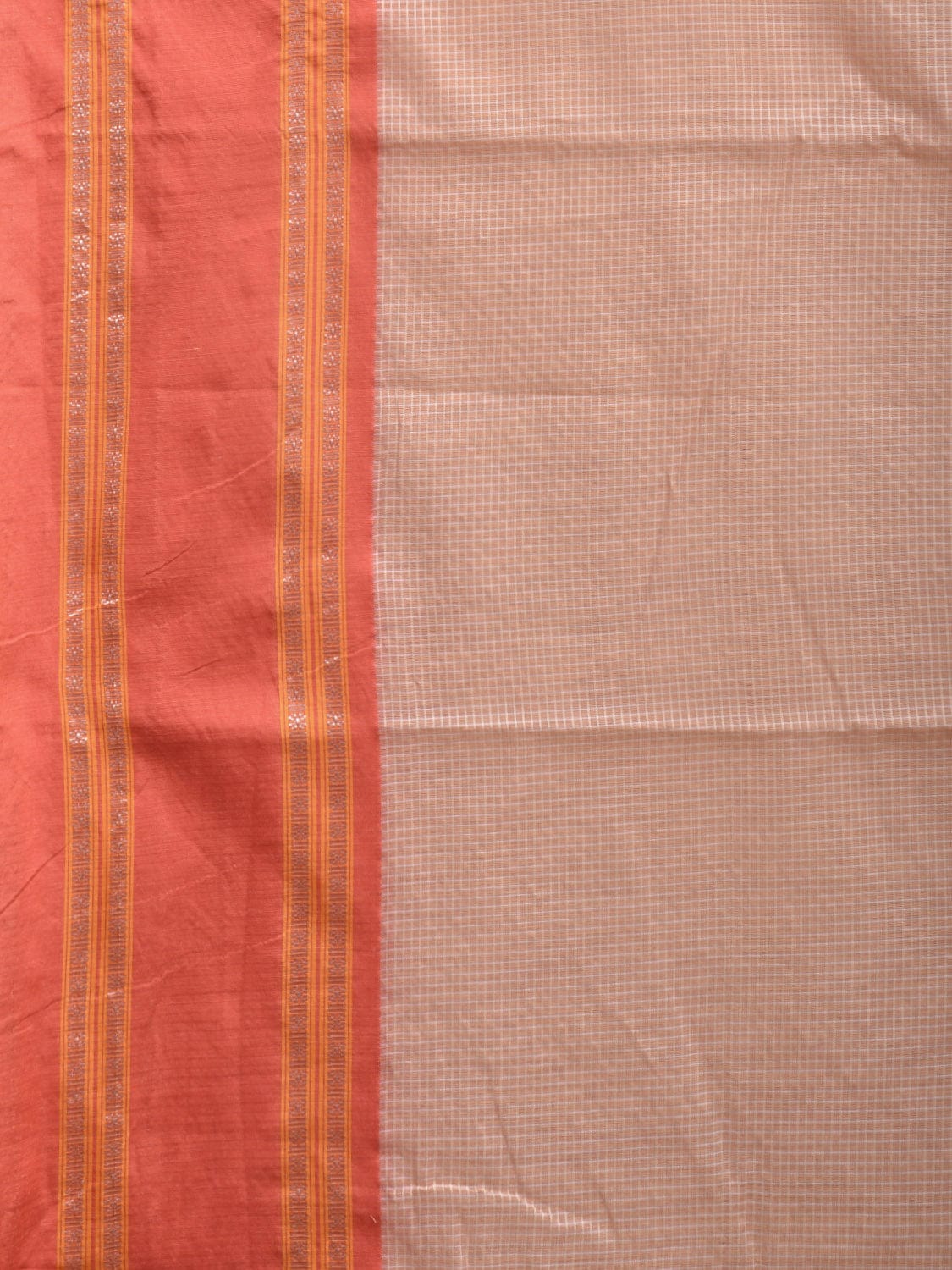 Cream and Peach Bamboo Cotton Saree with Small Checks Design No Blouse bc0336
