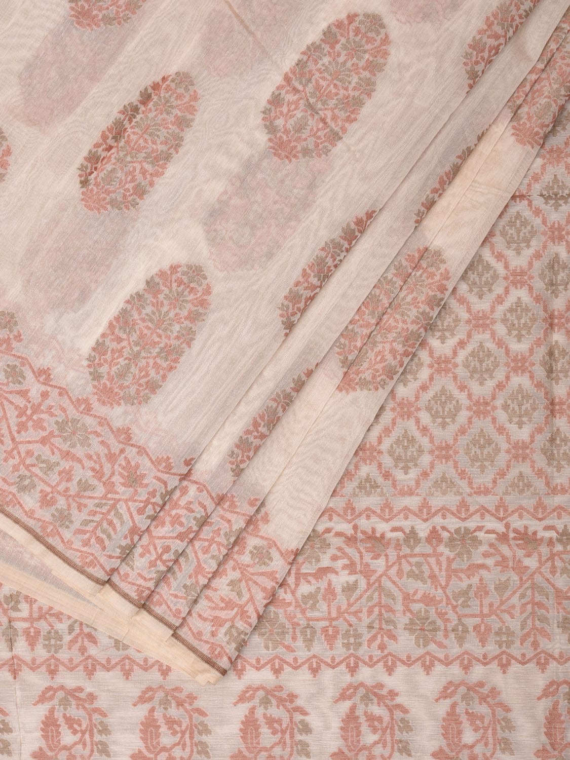 Cream and Peach Cut Work Sico Cotton Saree with Body Buta and Border Design o0419