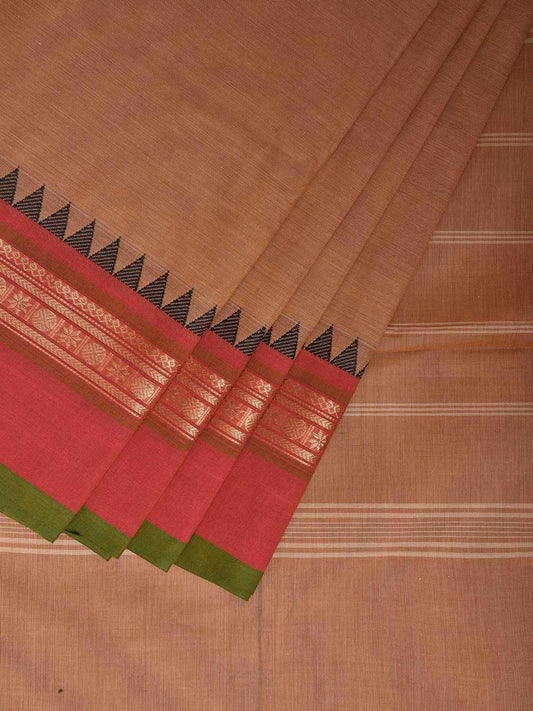 Cream and Peach Kanchipuram Cotton Plain Saree with Strips Pallu and Border Design Kalamkari Blouse k0828