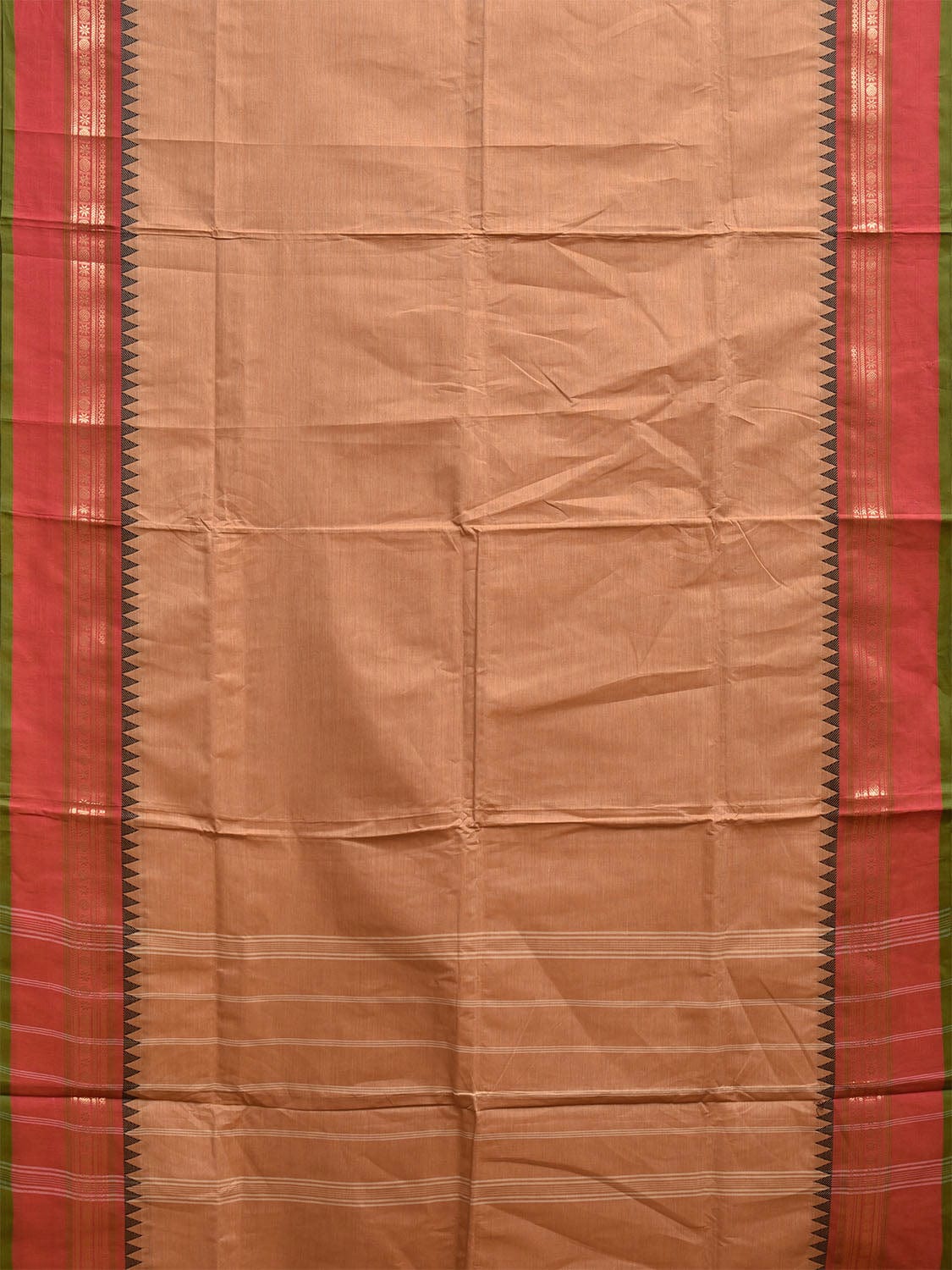 Cream and Peach Kanchipuram Cotton Plain Saree with Strips Pallu and Border Design Kalamkari Blouse k0828