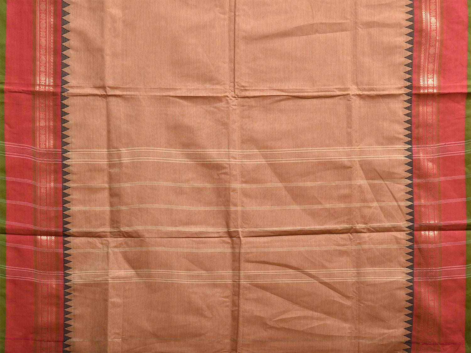 Cream and Peach Kanchipuram Cotton Plain Saree with Strips Pallu and Border Design Kalamkari Blouse k0828