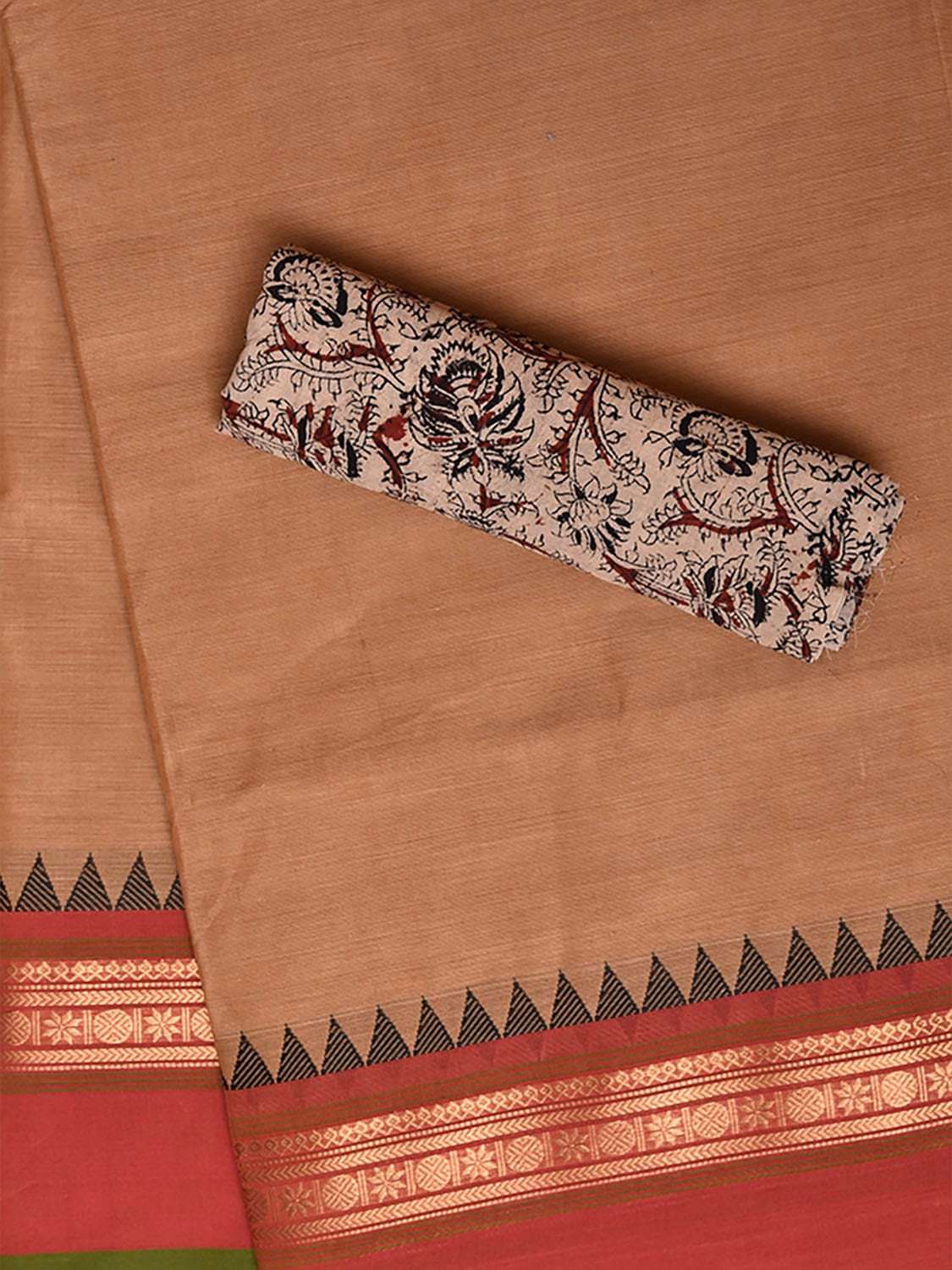 Cream and Peach Kanchipuram Cotton Plain Saree with Strips Pallu and Border Design Kalamkari Blouse k0828