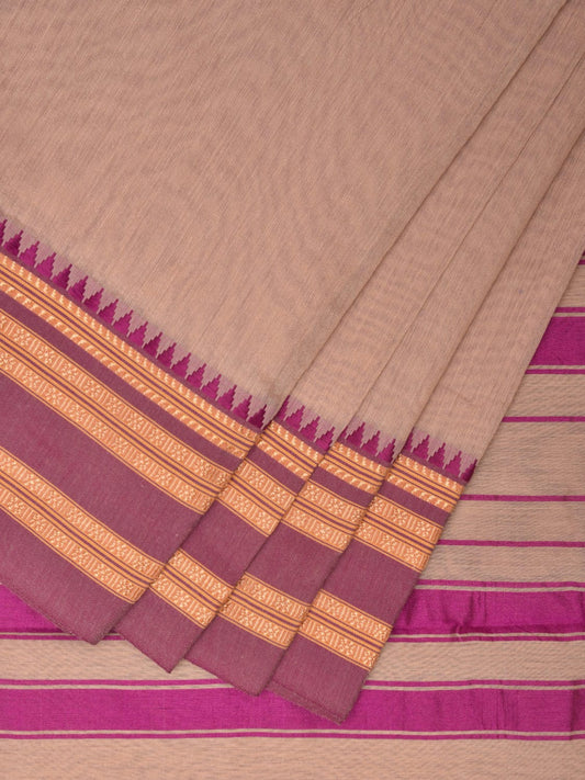 Cream and Pink Bamboo Cotton Plain Saree with Strips Pallu Design No Blouse bc0379