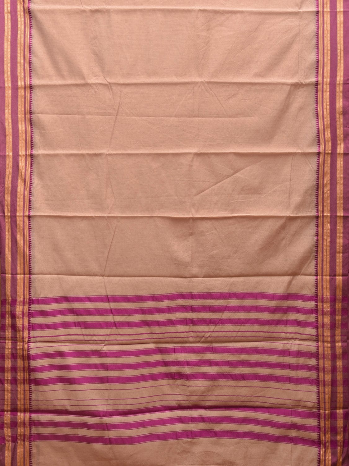 Cream and Pink Bamboo Cotton Plain Saree with Strips Pallu Design No Blouse bc0379