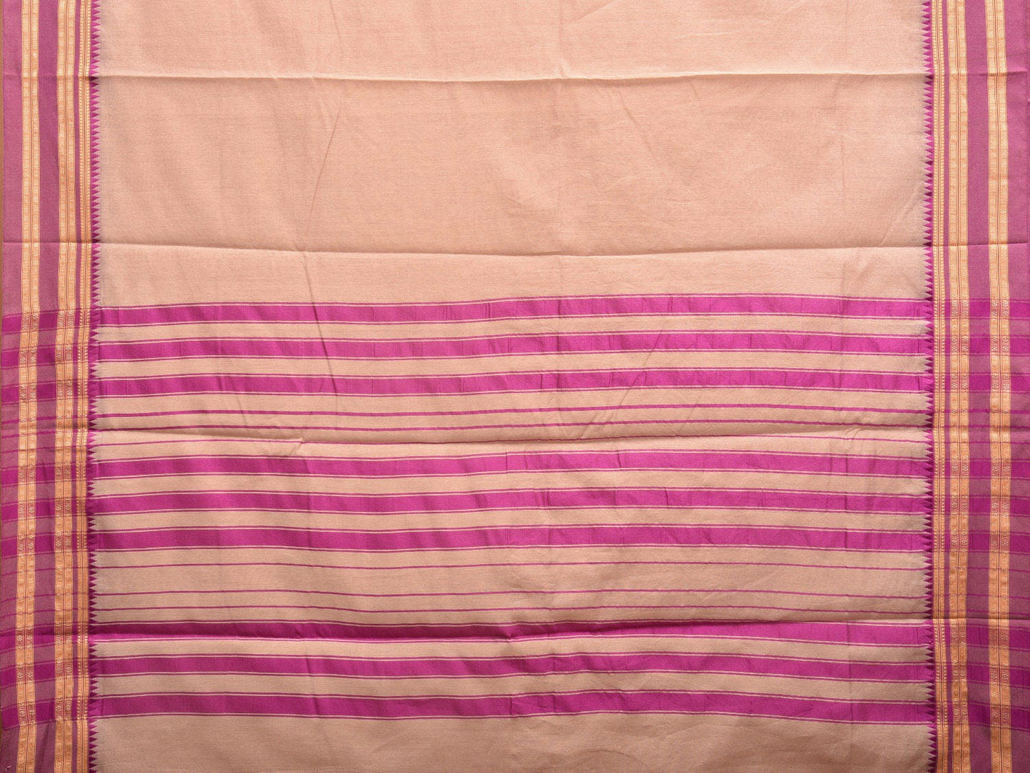Cream and Pink Bamboo Cotton Plain Saree with Strips Pallu Design No Blouse bc0379