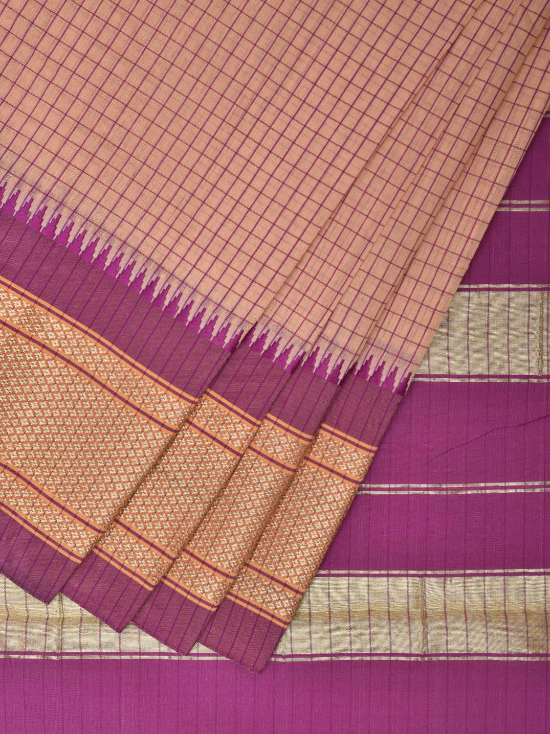 Cream and Pink Bamboo Cotton Saree with Checks Design No Blouse bc0390