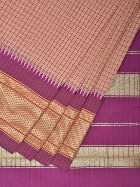 Cream and Pink Bamboo Cotton Saree with Checks Design No Blouse bc0390