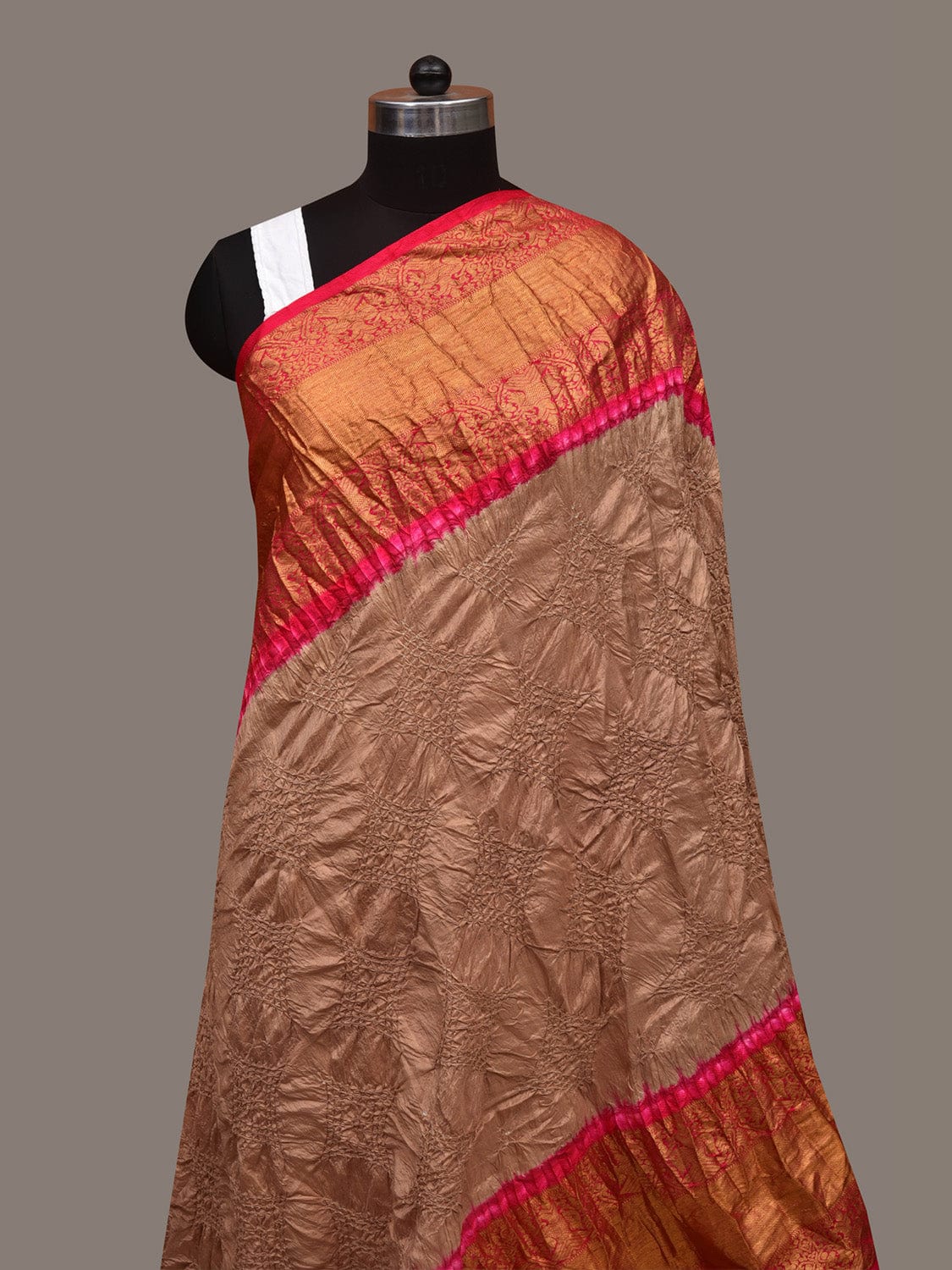 Cream and Pink Bandhani Kanchipuram Silk Handloom Dupatta with Border Design ds3015